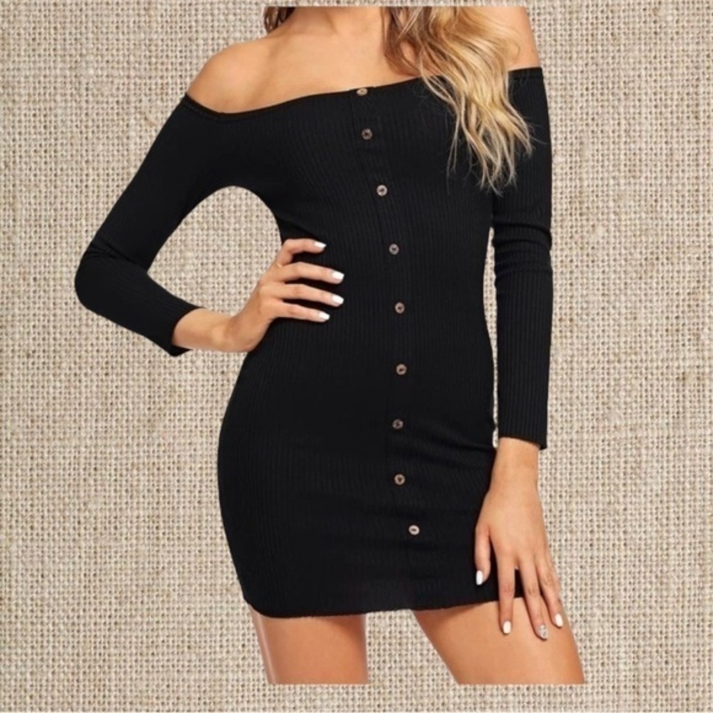 Up the shoulder sweater, black mini dress